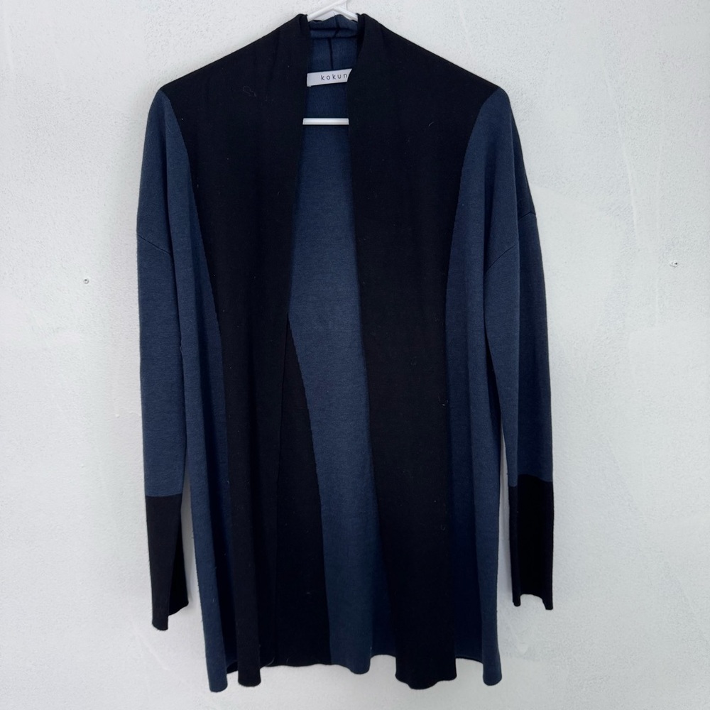Kokun Open Front Colorblock Bamboo Cardigan Sweater Blue Black size Medium